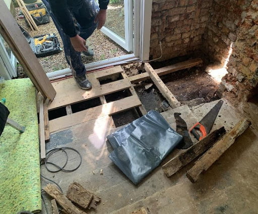 Wet rot decay to flooring